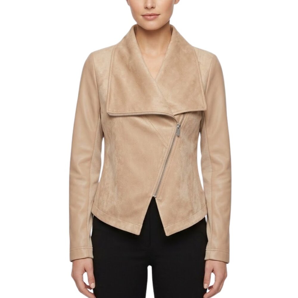 Bagatelle Collection Faux Suede & Leather Drape Front Moto Jacket Tan Beige Sm